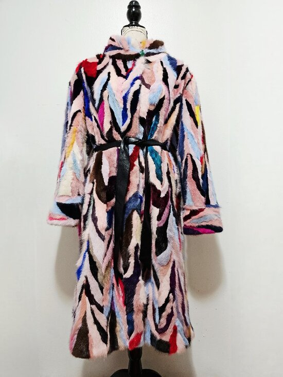 Jackets & Blazers - NewReal Mink Fur OverCoat Striped Mosaic Pieced Belted Red Pink Blue White NoFox